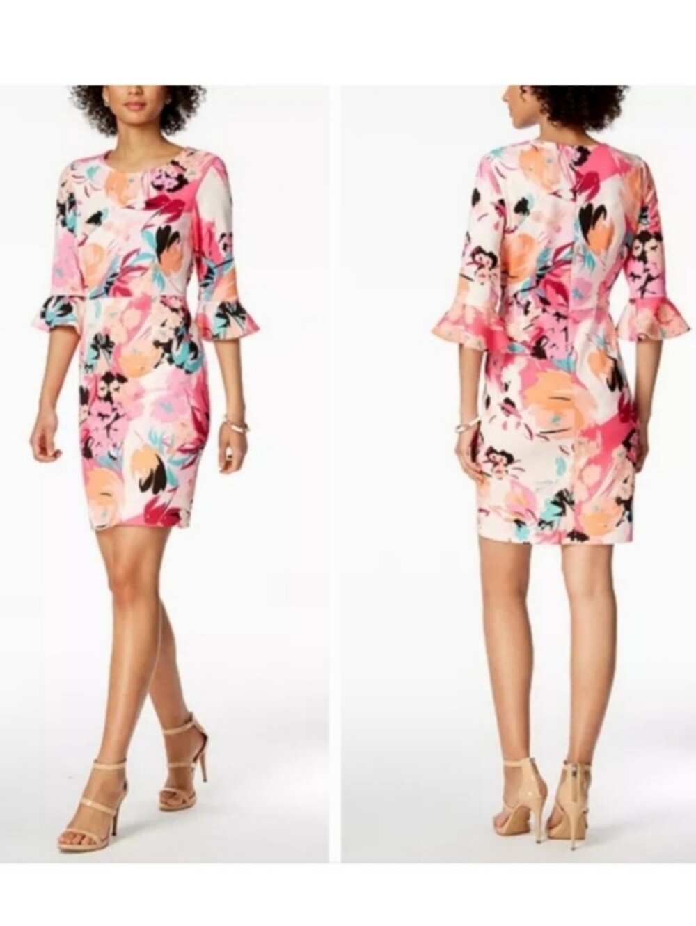Women's Floral Pink Shift Dress With Bell Sleeves Summer Formal Dress Size 14
